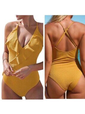 Cupshe Mustard Yellow Ribbed One Piece Swimsuit - Size Small